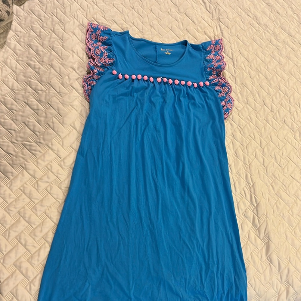 Lilly Pulitzer dress. Medium. Blue with hot pink pom poms.